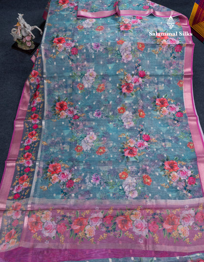 Light Pink Printed Linen Mix Fancy Saree With Contrast Peacock Green Fancy Border