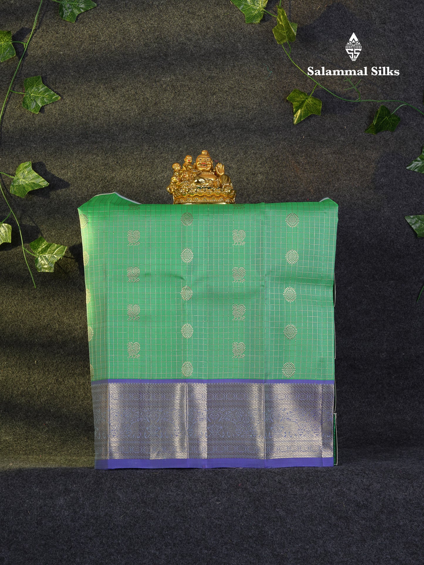 Beautiful Pure Silk Pattu Pavadai Zari Checks With Butta (Sapphire Green) With Contrast Violet Blouse 18"