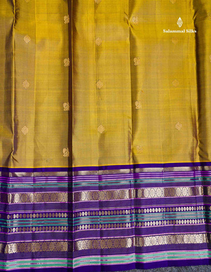 Pure Kanjivaram Silk Saree - Olive Green Zari Butta Along With Contrast Dual Tone Navy Blue Traditional Long Border