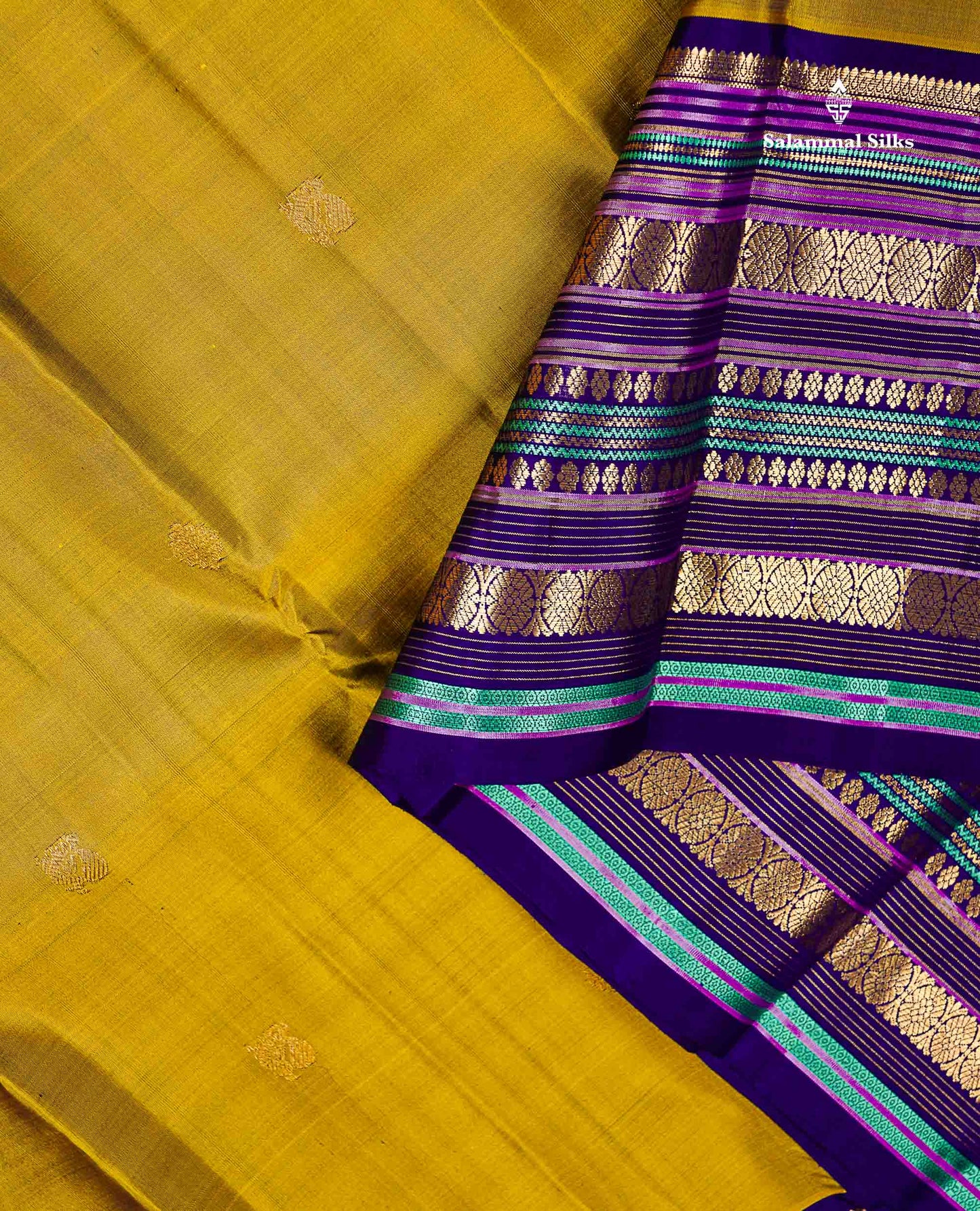 Pure Kanjivaram Silk Saree - Olive Green Zari Butta Along With Contrast Dual Tone Navy Blue Traditional Long Border