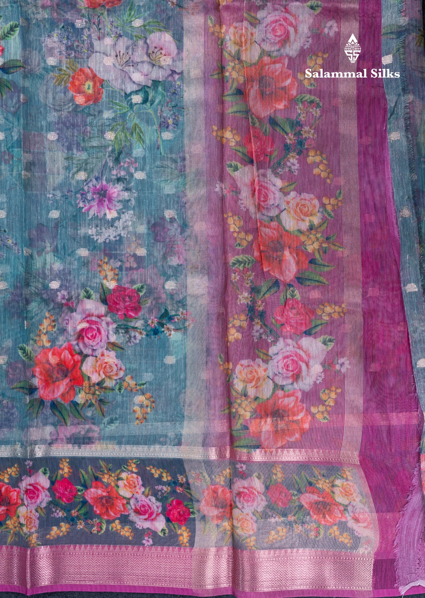 Light Pink Printed Linen Mix Fancy Saree With Contrast Peacock Green Fancy Border