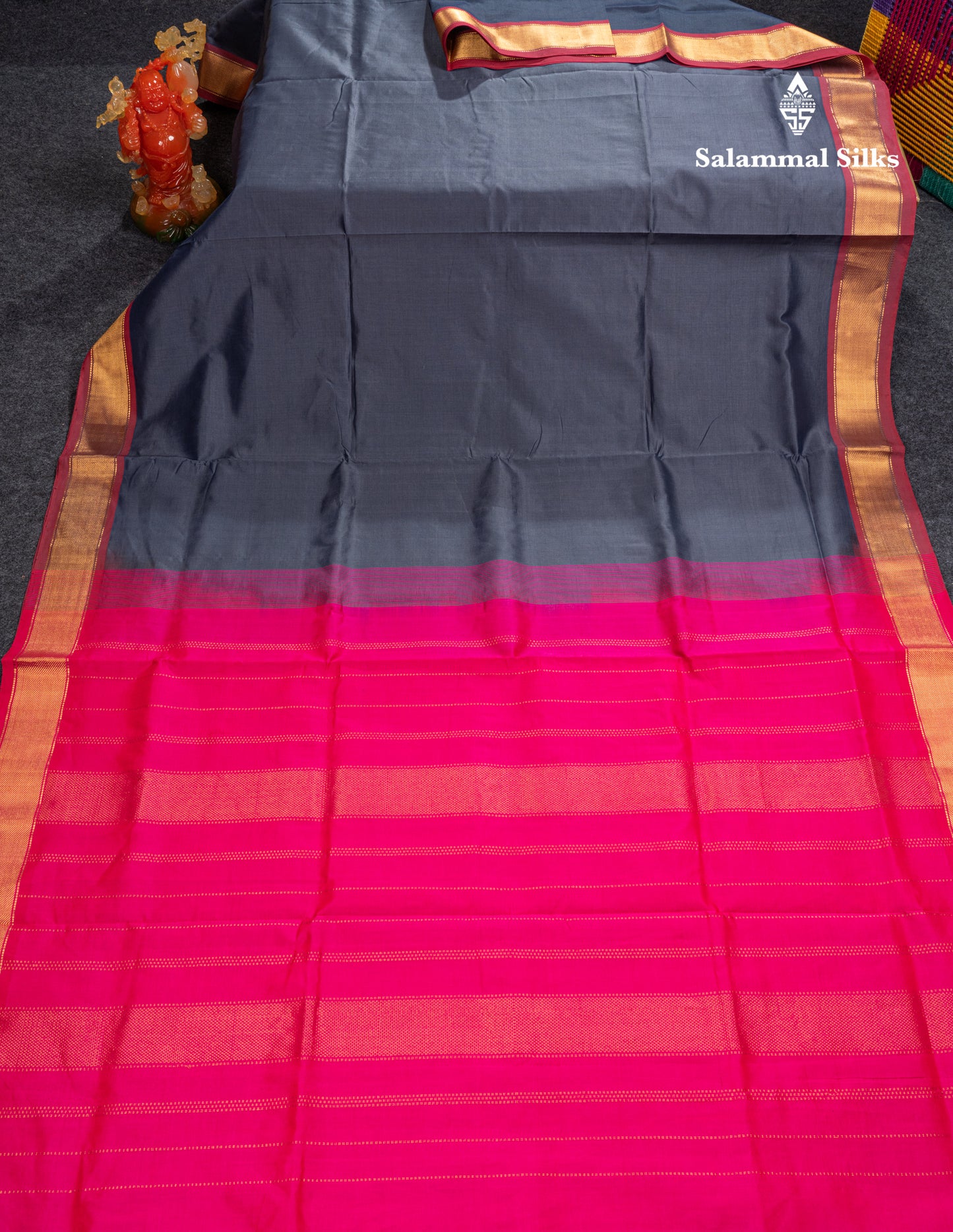 Dark Grey Plain Semi Silk Cotton Saree With Contrast Pink Blouse