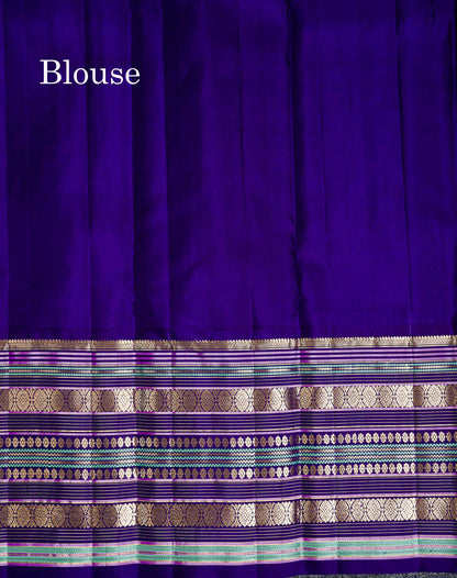 Pure Kanjivaram Silk Saree - Olive Green Zari Butta Along With Contrast Dual Tone Navy Blue Traditional Long Border