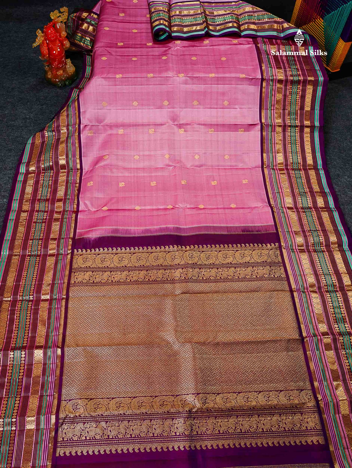 Pure Kanjivaram Silk Saree - Light Pink Zari Butta Along With Contrast Magenta Traditional Long Border