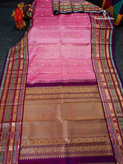 Pure Kanjivaram Silk Saree - Light Pink Zari Butta Along With Contrast Magenta Traditional Long Border