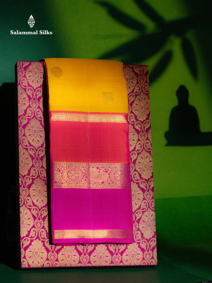 Korvai Beautiful Yellow Peacock & Chakaram Buttas Pure Kanjivaram Silk Saree With Traditional Ganga Jamuna Long Border