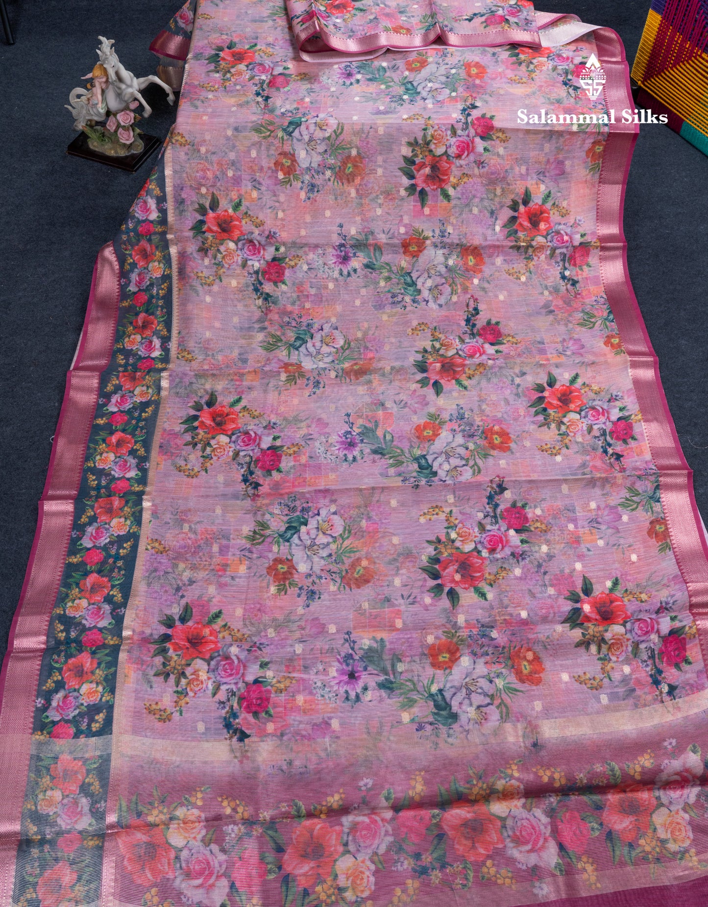 Light Pink Printed Linen Mix Fancy Saree With Contrast Peacock Green Fancy Border