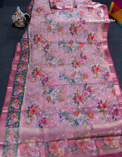 Light Pink Printed Linen Mix Fancy Saree With Contrast Peacock Green Fancy Border