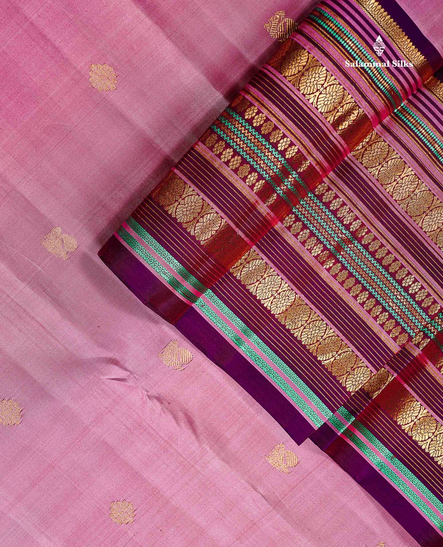 Pure Kanjivaram Silk Saree - Light Pink Zari Butta Along With Contrast Magenta Traditional Long Border