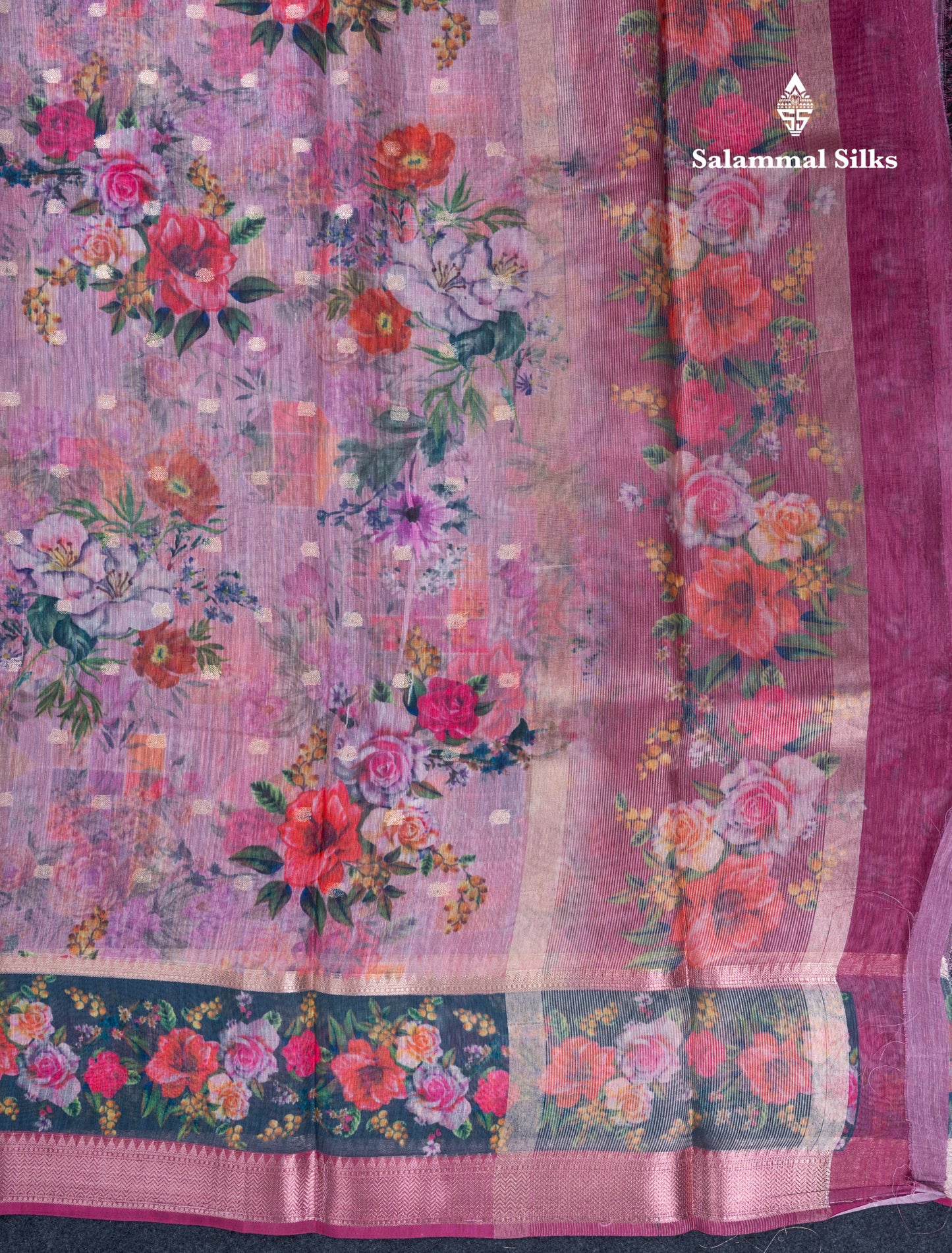 Light Pink Printed Linen Mix Fancy Saree With Contrast Peacock Green Fancy Border