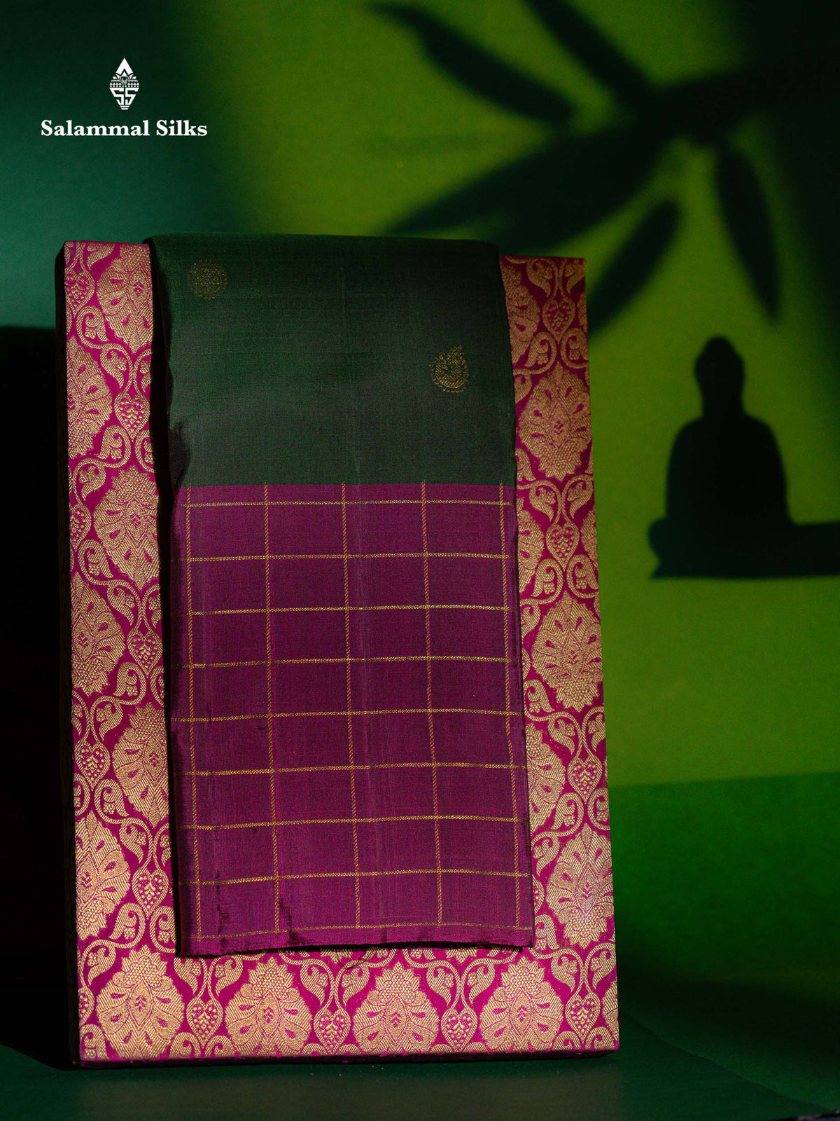 Beautiful Bottle Green Pure Kanjivaram Silk Saree With Contrast Magenta Checks Border