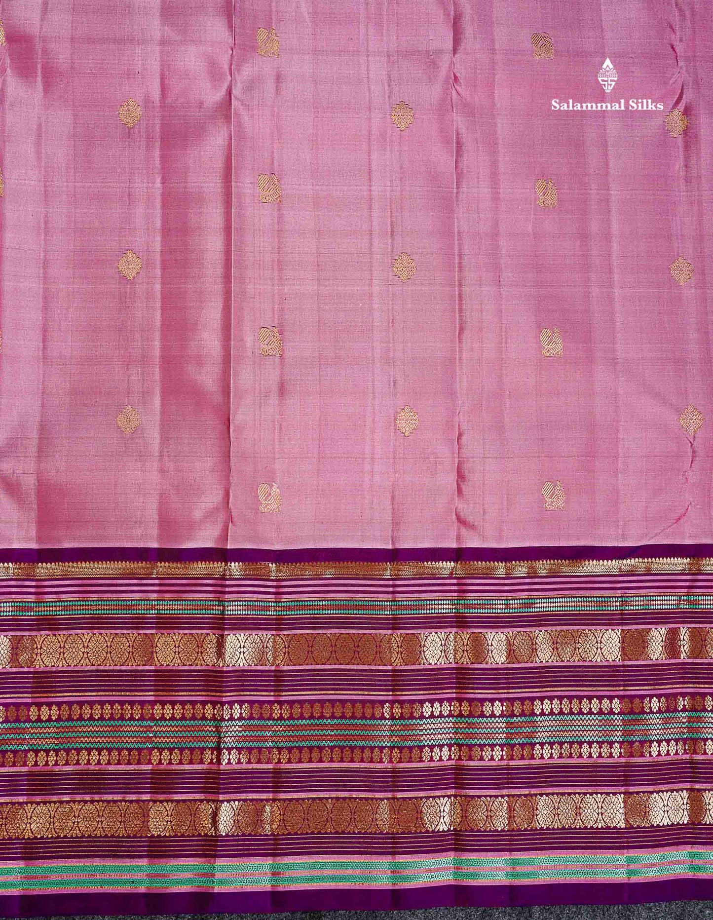 Pure Kanjivaram Silk Saree - Light Pink Zari Butta Along With Contrast Magenta Traditional Long Border