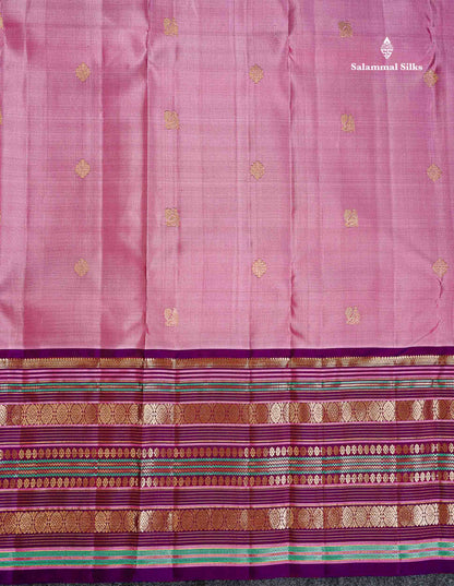 Pure Kanjivaram Silk Saree - Light Pink Zari Butta Along With Contrast Magenta Traditional Long Border