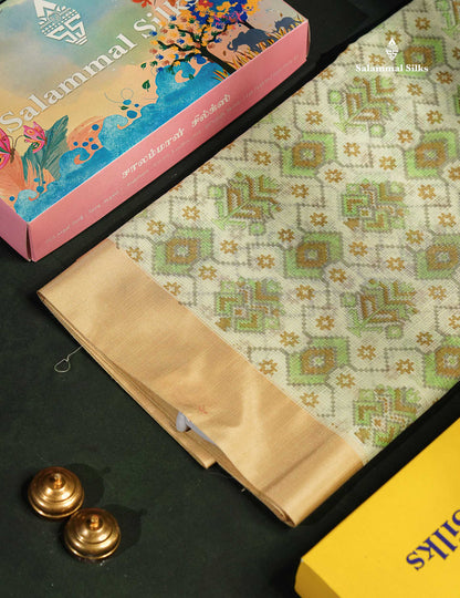 Beautiful Parrot Green Kota Cotton Fancy Saree With Contrast Cream Sandal Border
