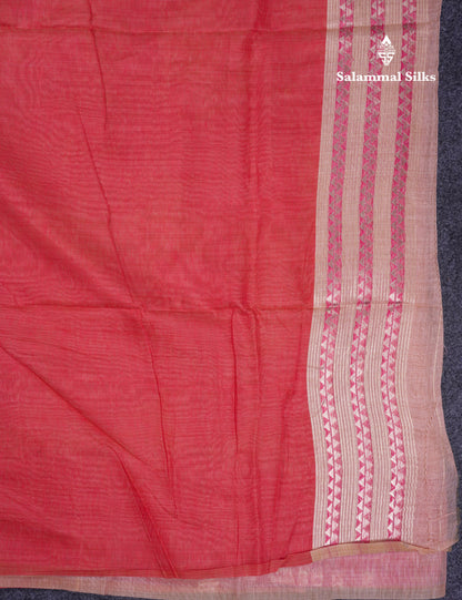 Beautiful Light Yellow Muga Cotton Saree With Contrast Light Red Blouse