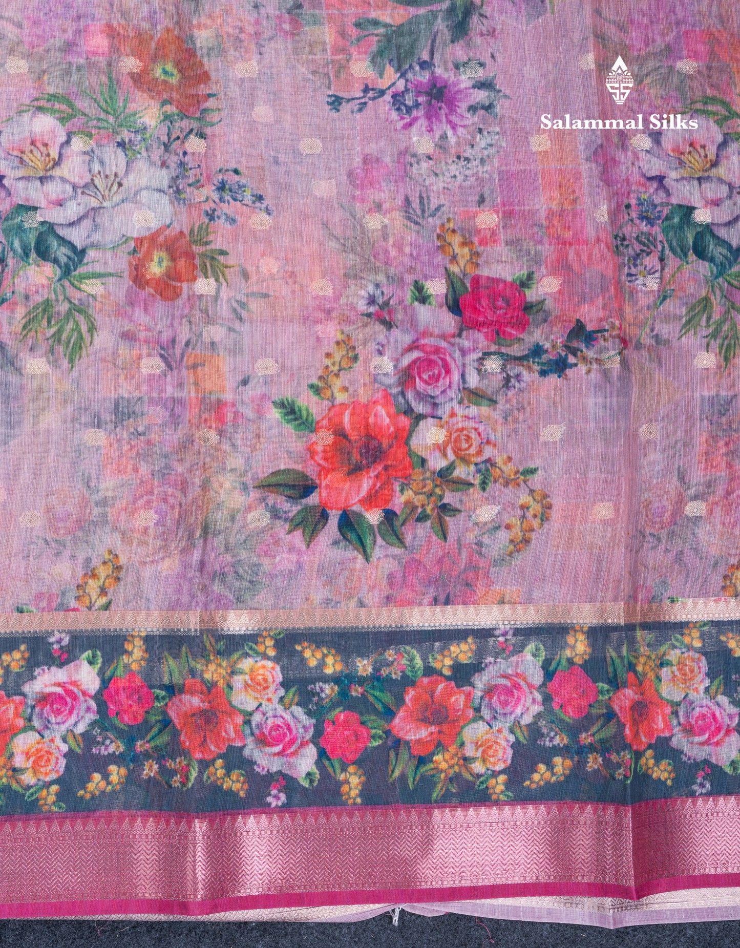 Light Pink Printed Linen Mix Fancy Saree With Contrast Peacock Green Fancy Border