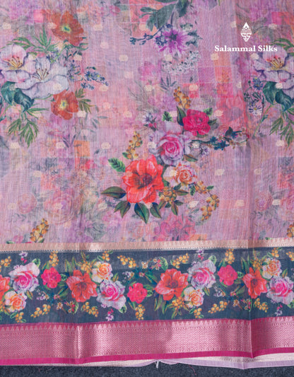 Light Pink Printed Linen Mix Fancy Saree With Contrast Peacock Green Fancy Border