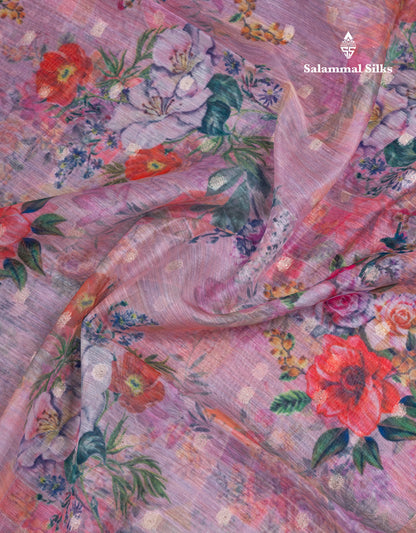 Light Pink Printed Linen Mix Fancy Saree With Contrast Peacock Green Fancy Border
