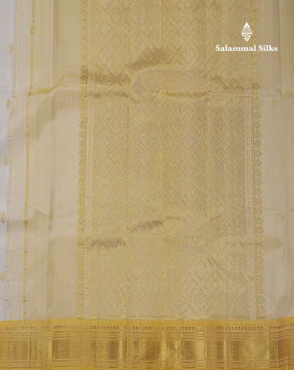 Beautiful Half White Pure Kanjivaram Silk Saree With Contrast Light Yellow Traditional One Side Border