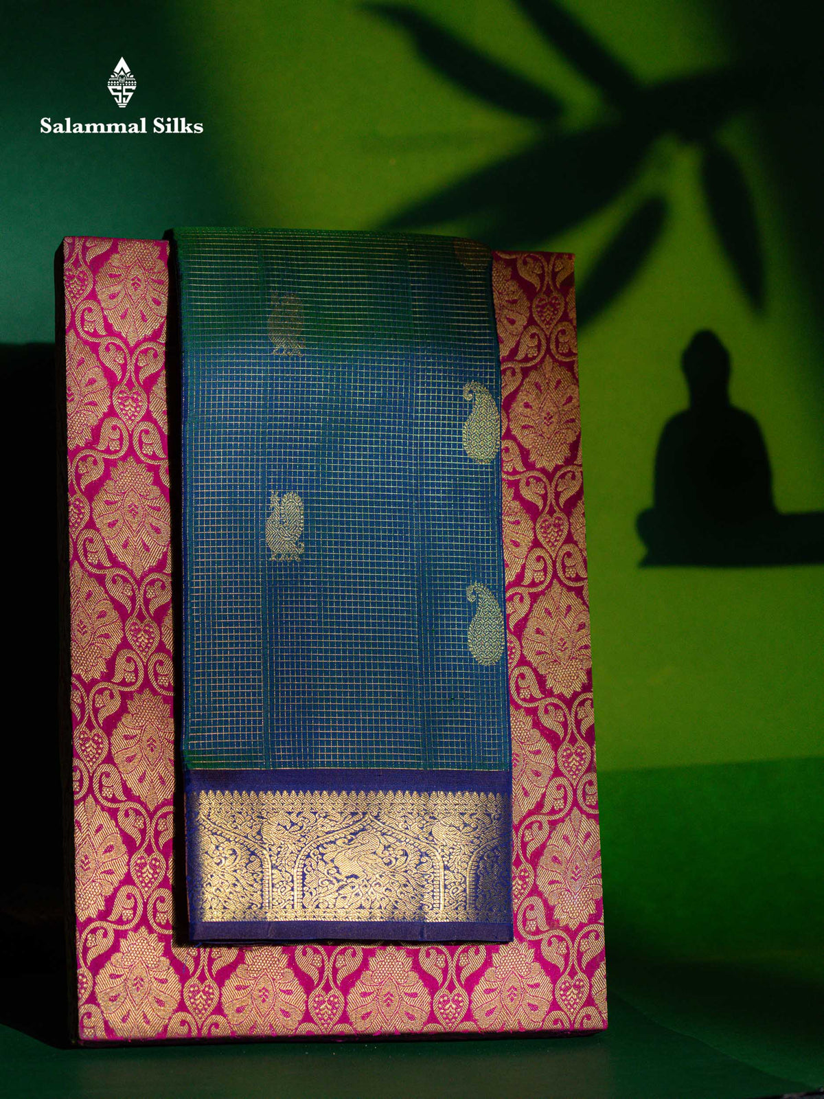 Beautiful Dual Tone Peacock Green Vaira Oosi Checks And Butta Mango & Peacock Butta Pure Kanjivaram Silk Saree With Contrast Navy Blue Traditional Medium Border