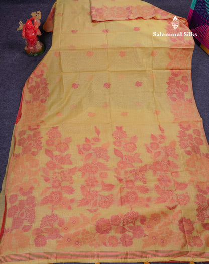 Beautiful Dark Peach Muga Cotton Saree With Contrast Maroon Blouse
