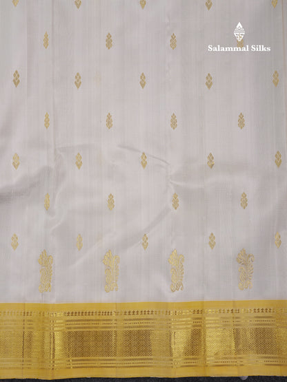 Beautiful Half White Pure Kanjivaram Silk Saree With Contrast Light Yellow Traditional One Side Border