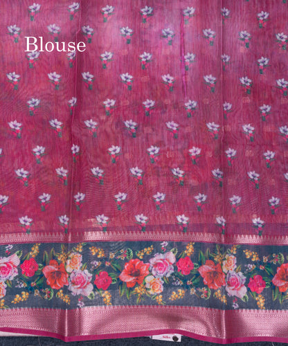 Light Pink Printed Linen Mix Fancy Saree With Contrast Peacock Green Fancy Border