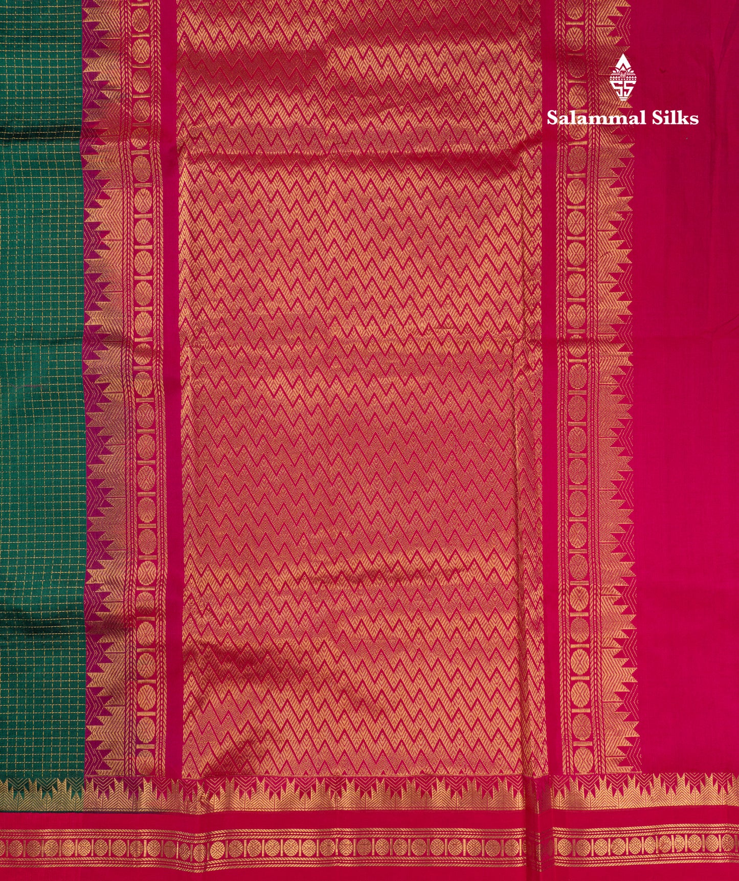 Bottle Green Small Zari Checks Semi Silk Cotton Saree With Contrast Reddish Pink Traditional Temple & Rettapet Border