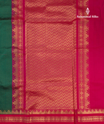 Bottle Green Small Zari Checks Semi Silk Cotton Saree With Contrast Reddish Pink Traditional Temple & Rettapet Border