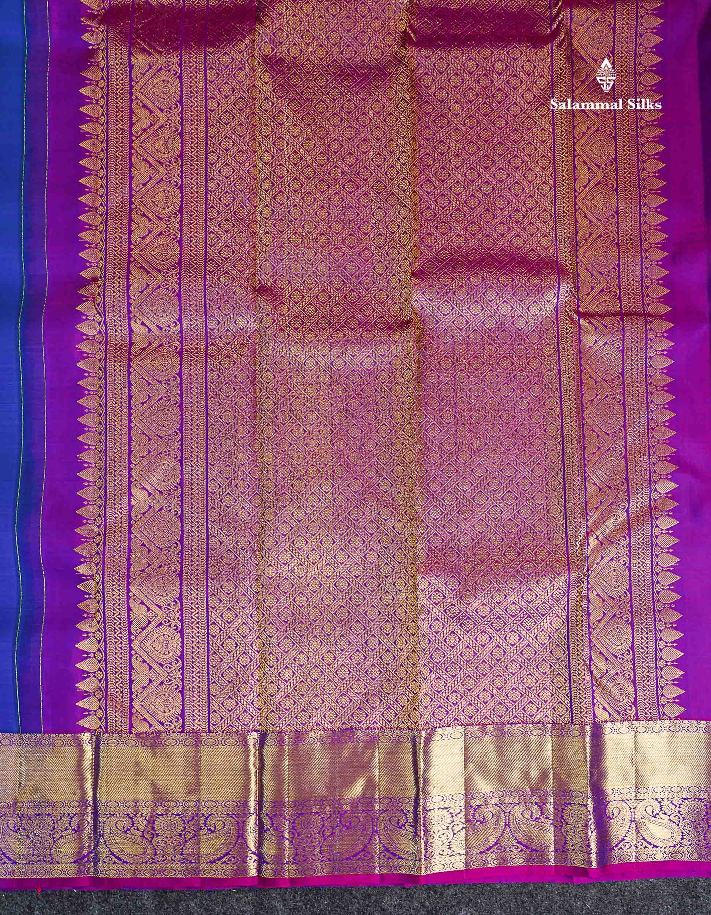Pure Kanjivaram Silk Saree - Dual Tone Peacock Blue Chakaram & Peacock Butta Along With Contrast Dual Tone Purple Traditional Evening Morning Border