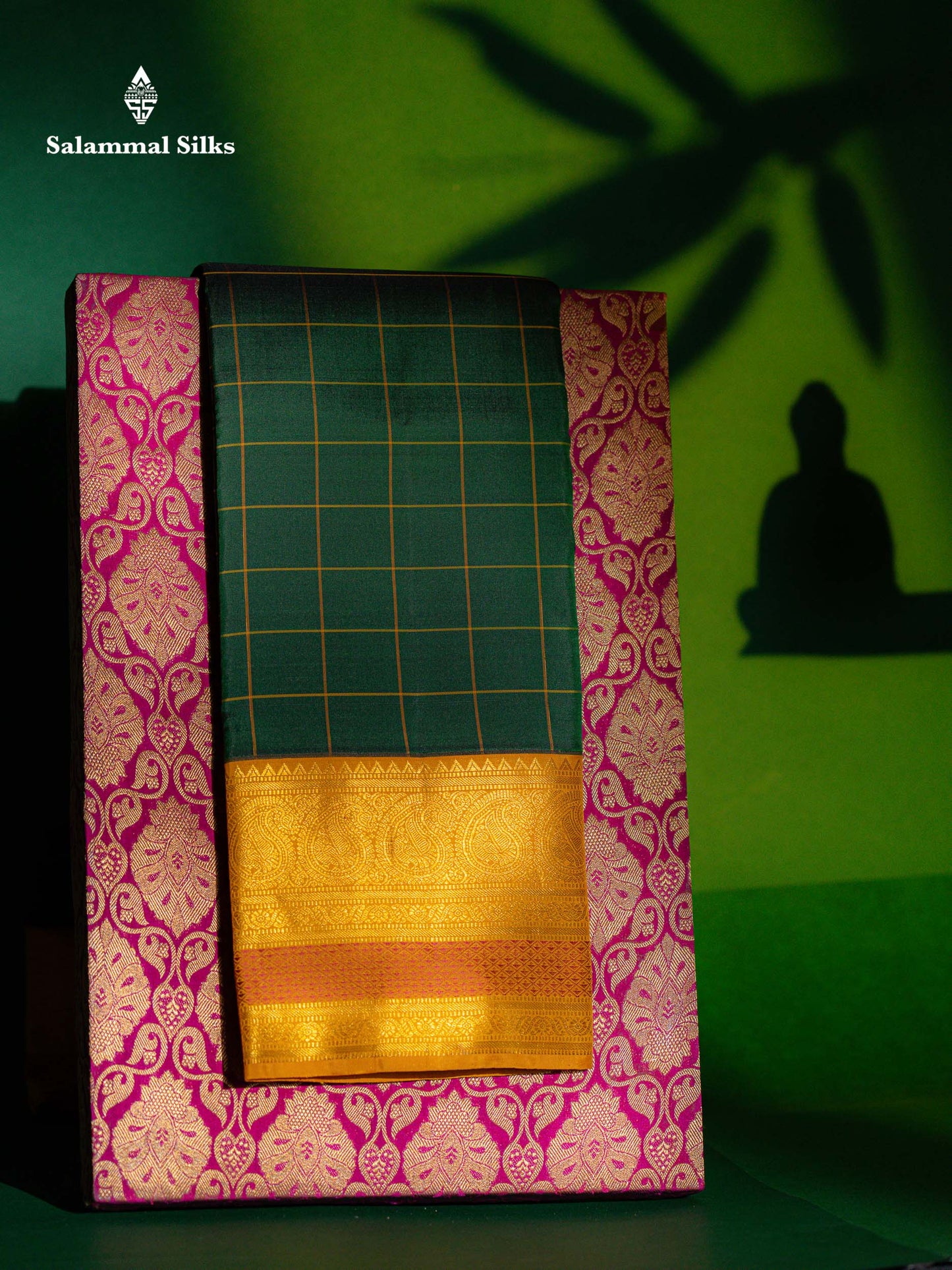 Beautiful Bottle Green Checks Pure Kanjivaram Silk Saree With Contrast Mustard Yellow Traditional Border