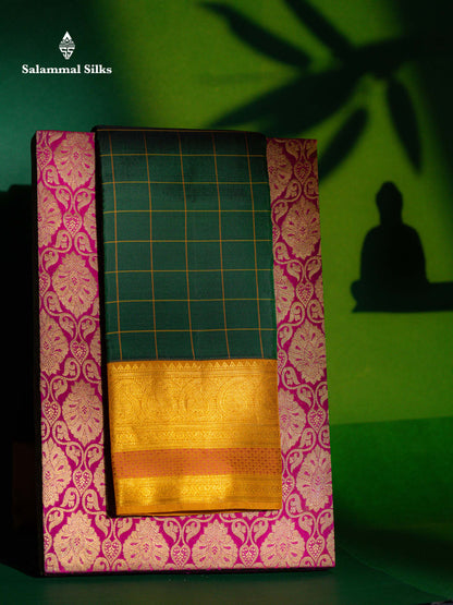 Beautiful Bottle Green Checks Pure Kanjivaram Silk Saree With Contrast Mustard Yellow Traditional Border
