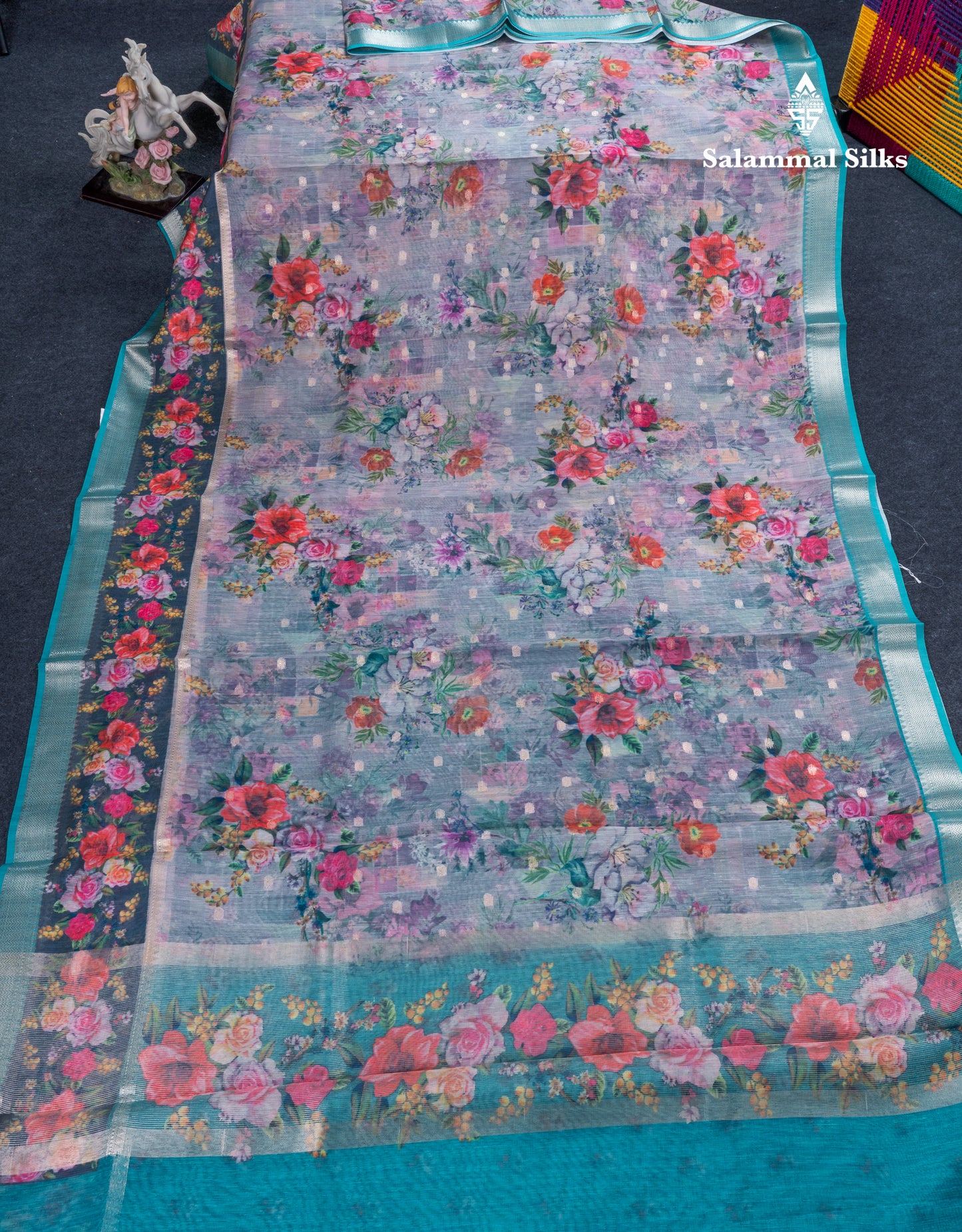 Light Pink Printed Linen Mix Fancy Saree With Contrast Peacock Green Fancy Border