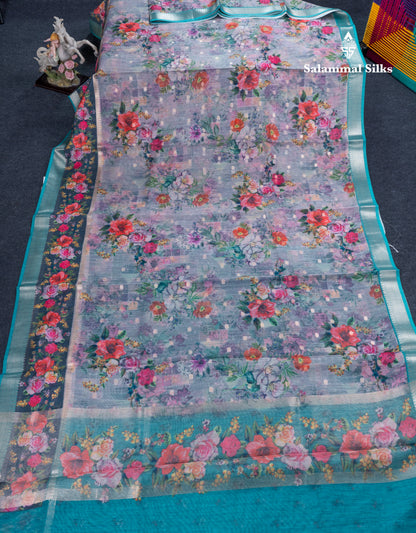 Light Pink Printed Linen Mix Fancy Saree With Contrast Peacock Green Fancy Border