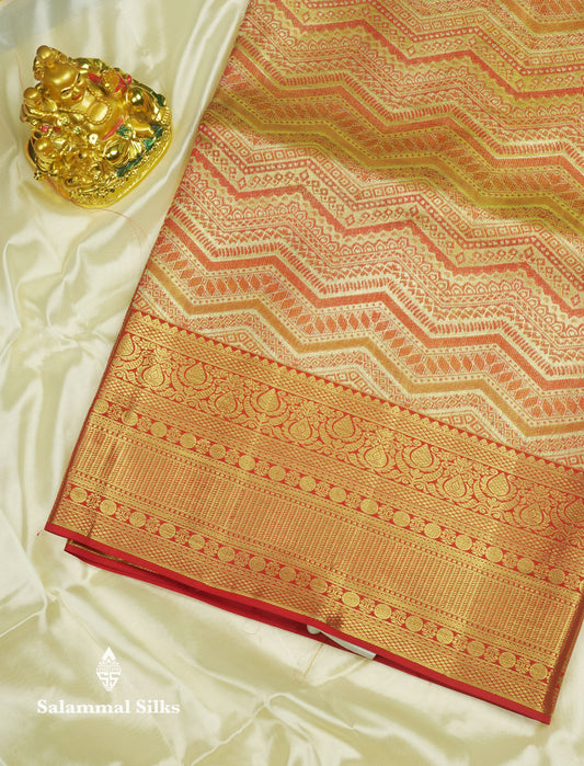 Geometric Multicolour Tissue Fancy Bridal Pure Kanjivaram Silk Saree With Contrast Red Border