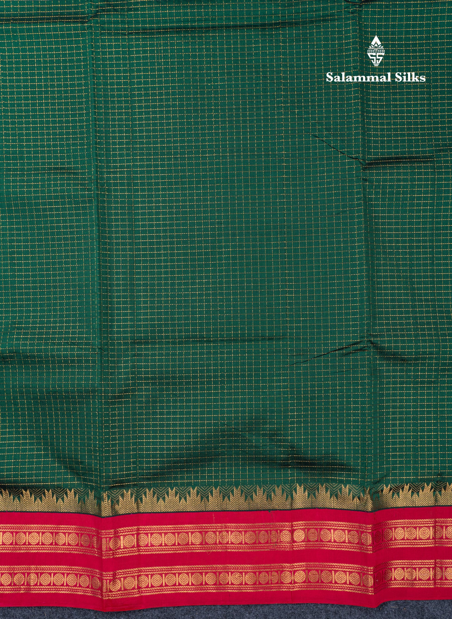 Bottle Green Small Zari Checks Semi Silk Cotton Saree With Contrast Reddish Pink Traditional Temple & Rettapet Border