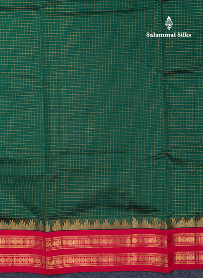 Bottle Green Small Zari Checks Semi Silk Cotton Saree With Contrast Reddish Pink Traditional Temple & Rettapet Border