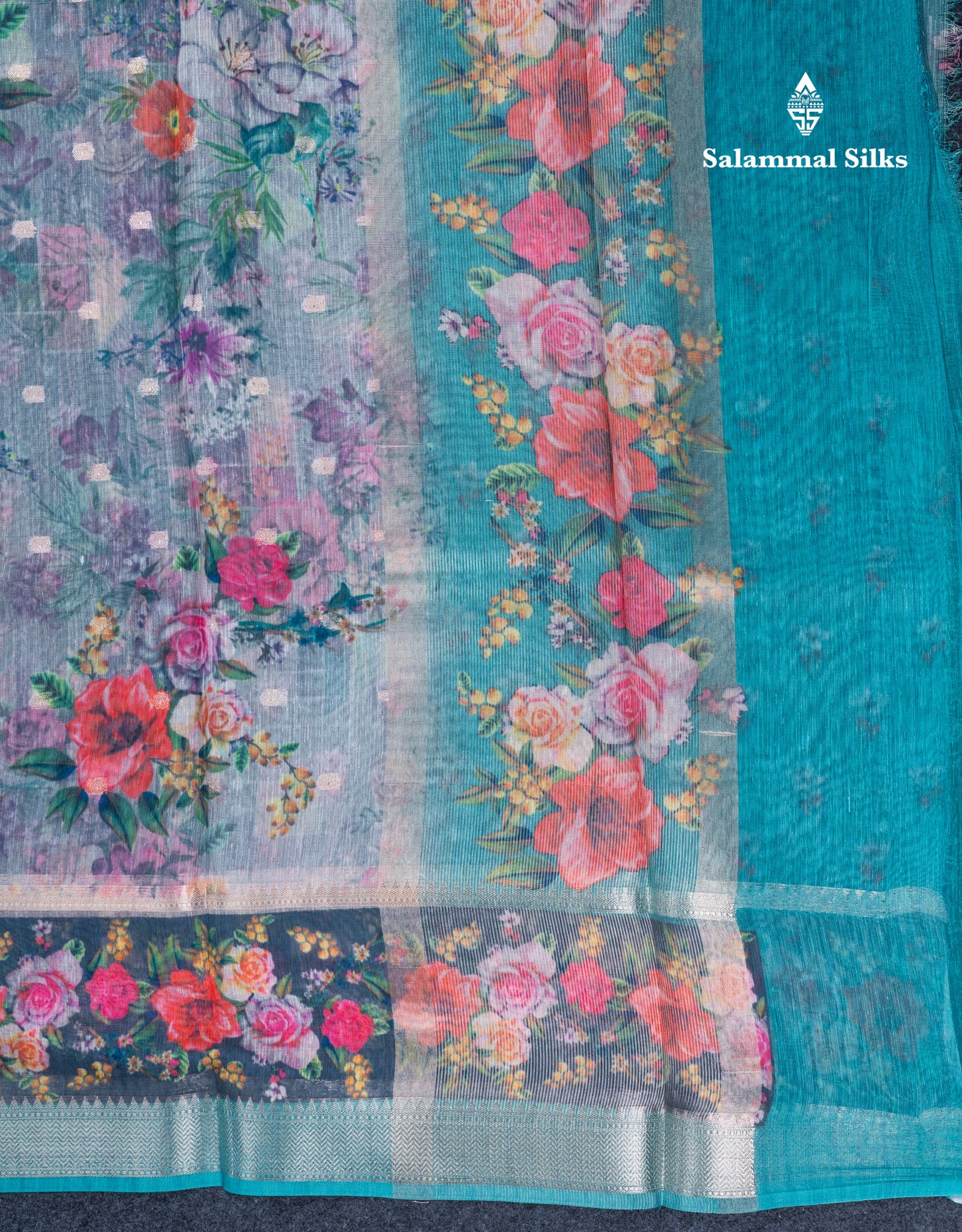 Light Pink Printed Linen Mix Fancy Saree With Contrast Peacock Green Fancy Border
