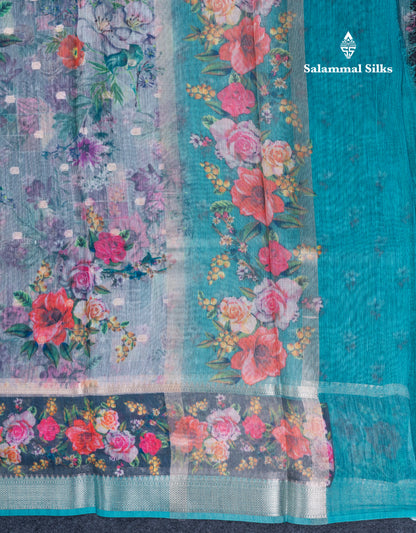 Light Pink Printed Linen Mix Fancy Saree With Contrast Peacock Green Fancy Border