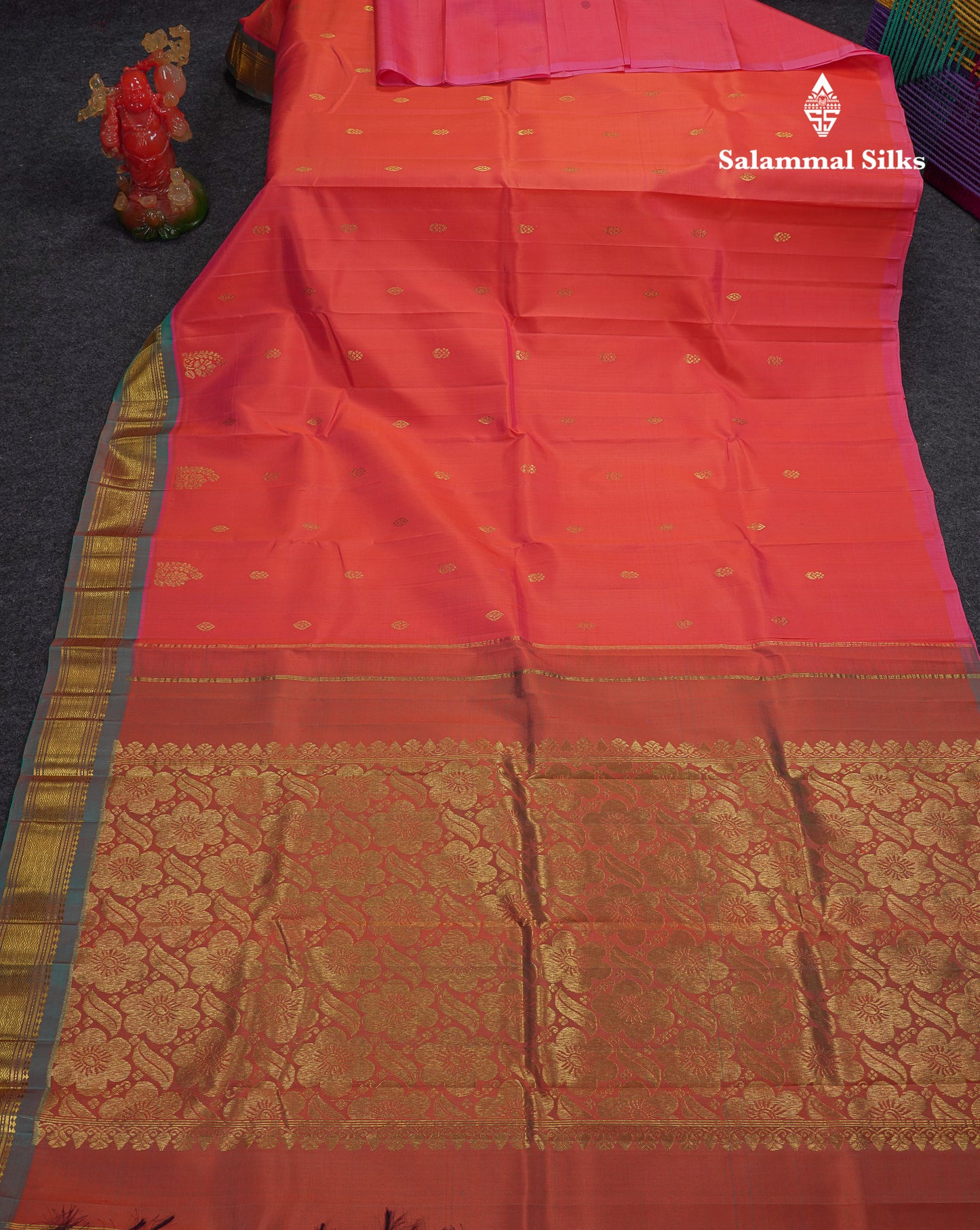 Beautiful Orange Pure Kanjivaram Silk Saree With Contrast Light Green Traditional One Side Border