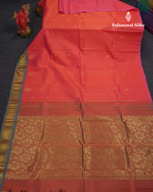 Beautiful Orange Pure Kanjivaram Silk Saree With Contrast Light Green Traditional One Side Border