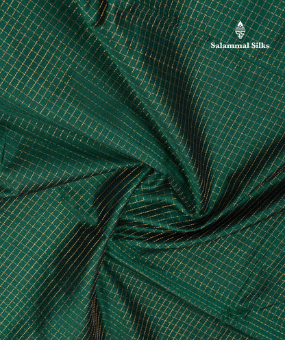 Bottle Green Small Zari Checks Semi Silk Cotton Saree With Contrast Reddish Pink Traditional Temple & Rettapet Border