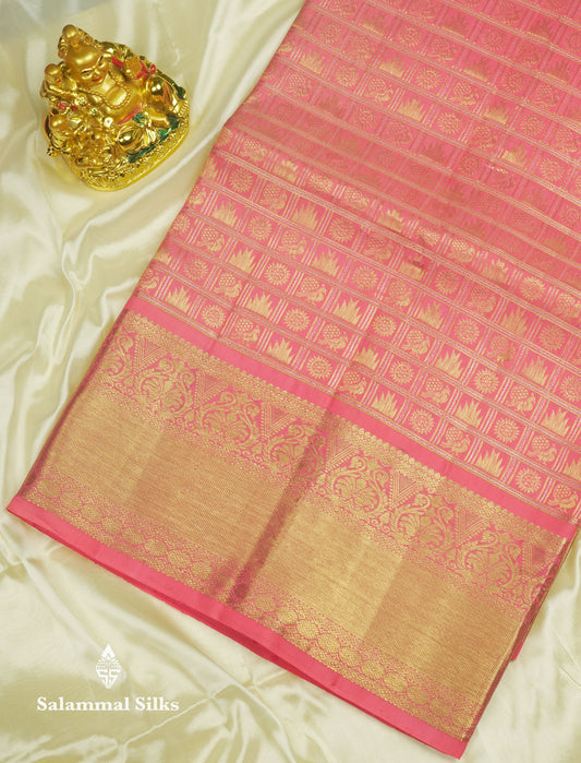 Pinkish Peach Checks With Traditional Butta Bridal Pure Kanjivaram Silk Saree With Self Border