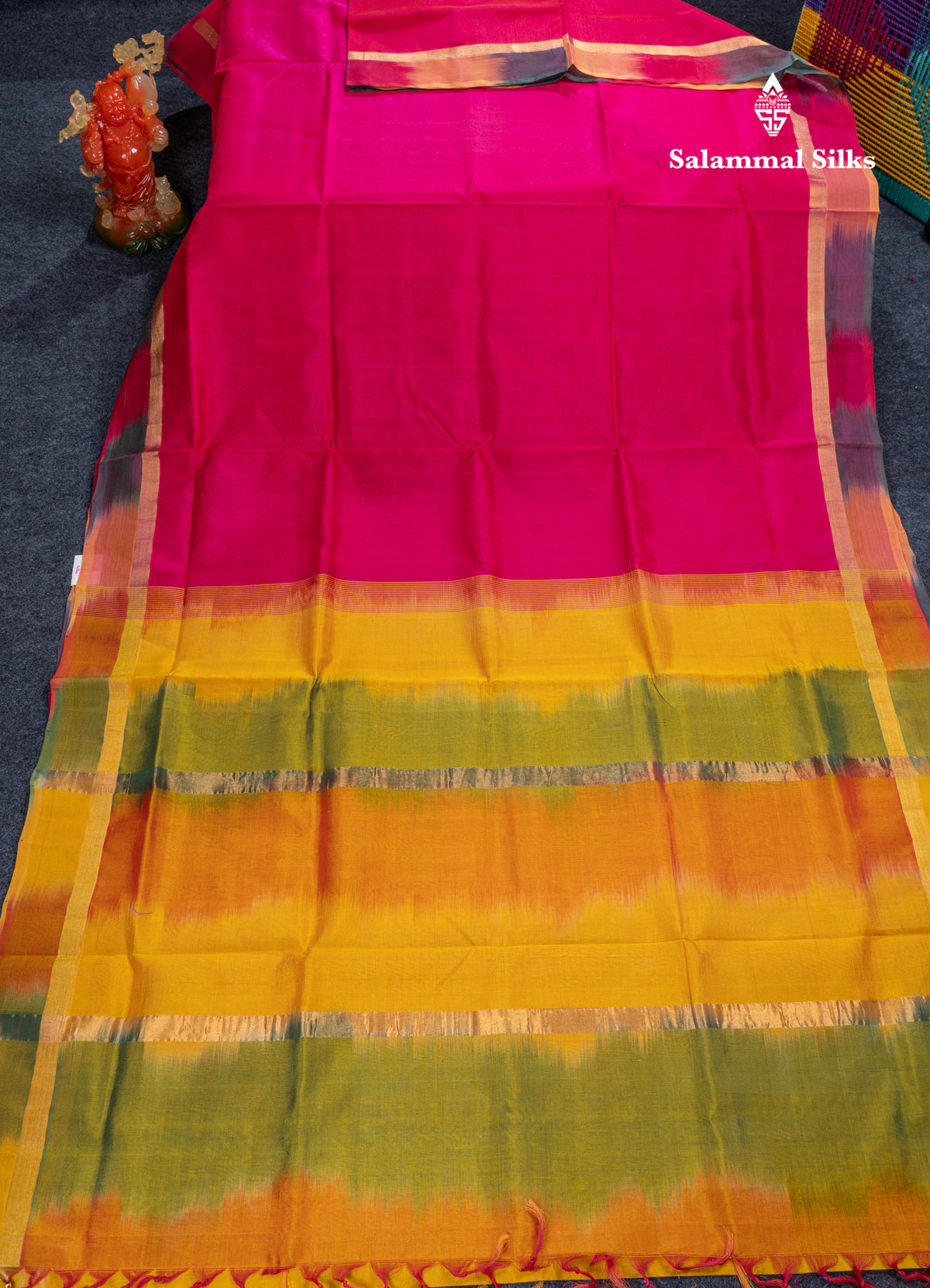 Pink Plain Pure Silk Cotton Saree With Contrast Multicolour Blouse
