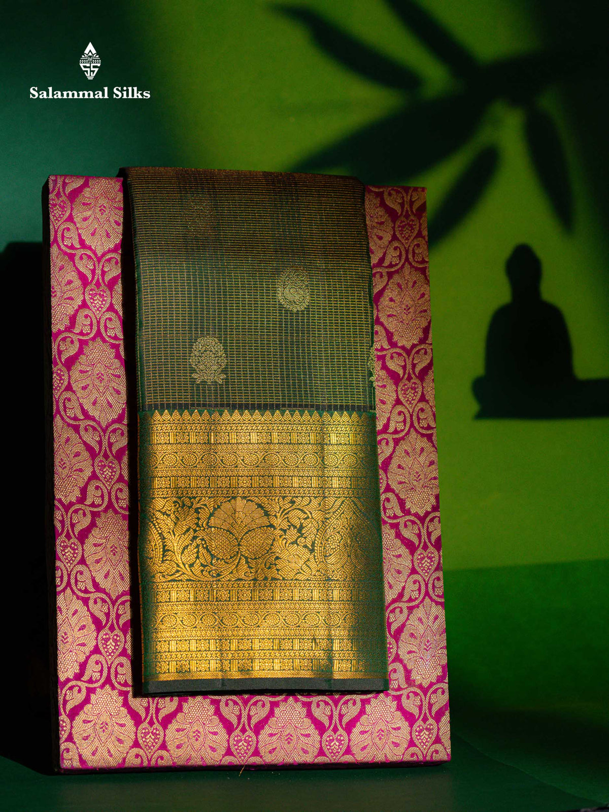 Beautiful Bottle Green Tiny Zari Checks With Butta Pure Kanjivaram Silk Saree With Traditional Evening Morning Border
