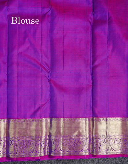 Pure Kanjivaram Silk Saree - Dual Tone Peacock Blue Chakaram & Peacock Butta Along With Contrast Dual Tone Purple Traditional Evening Morning Border