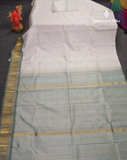 Beautiful White Pure Kanjivaram Silk Saree With Contrast Light Green Traditional One Side Border
