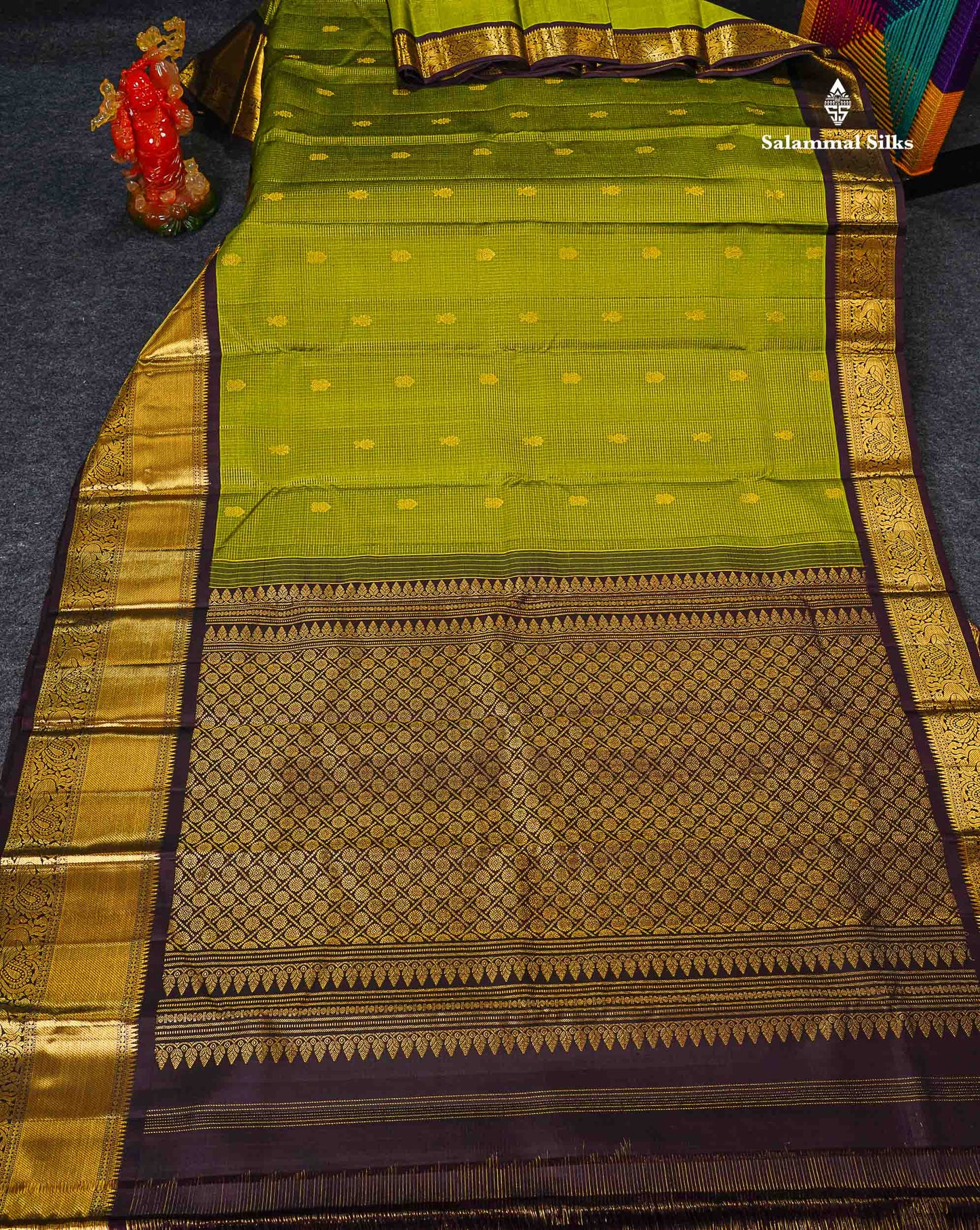 Pure Kanjivaram Silk Saree - Olive Green Tiny Zari Checks With Butta Along With Contrast Dark Brown Traditional Evening Morning Border