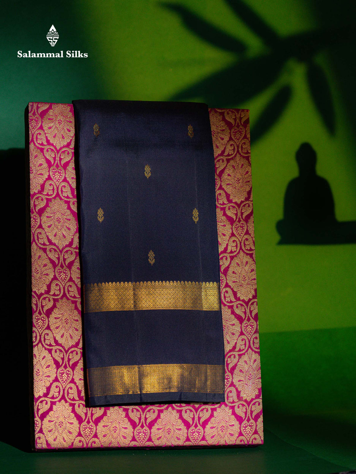 Beautiful Dark Navy Blue Pure Kanjivaram Silk Saree With Traditional Double Border