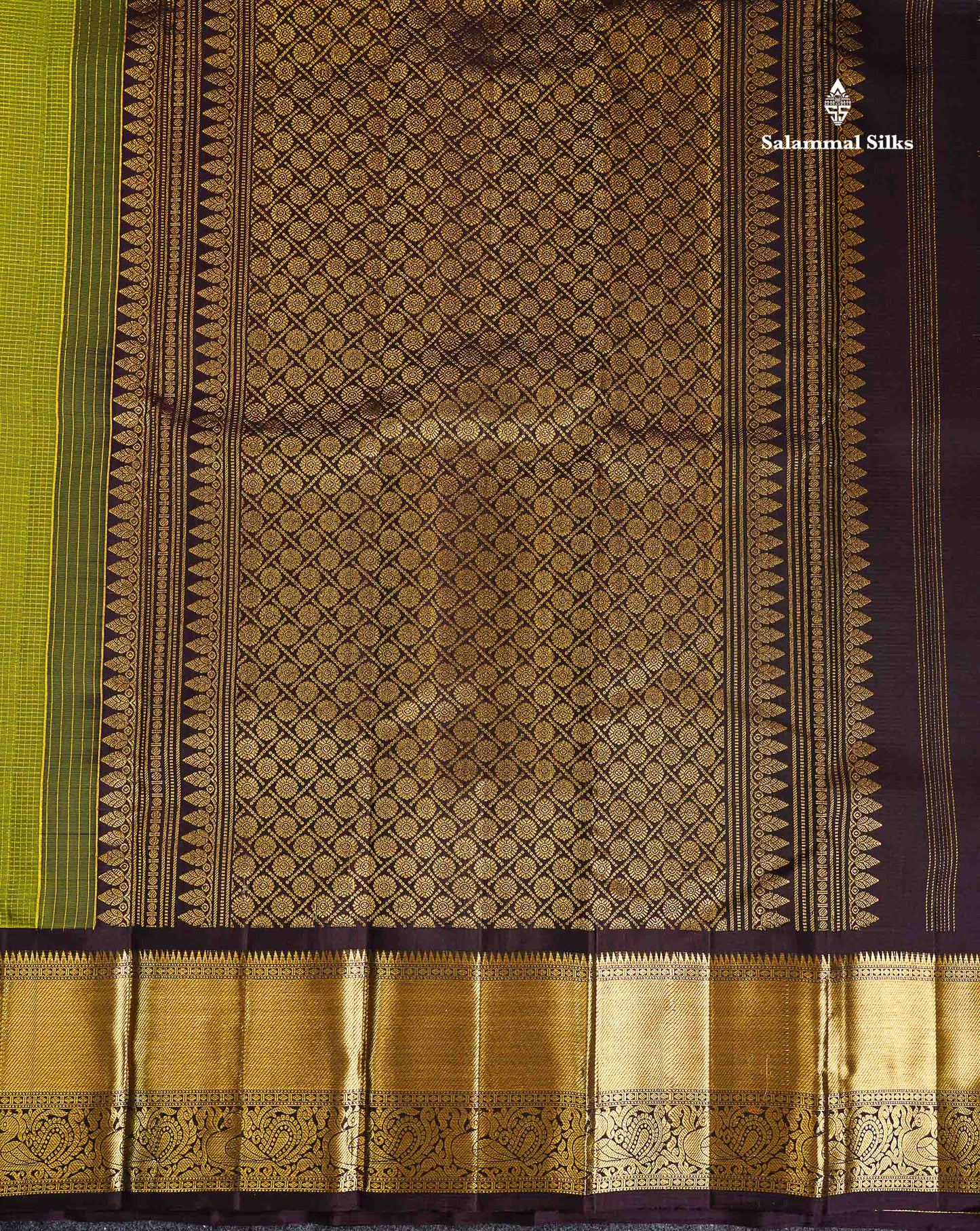 Pure Kanjivaram Silk Saree - Olive Green Tiny Zari Checks With Butta Along With Contrast Dark Brown Traditional Evening Morning Border